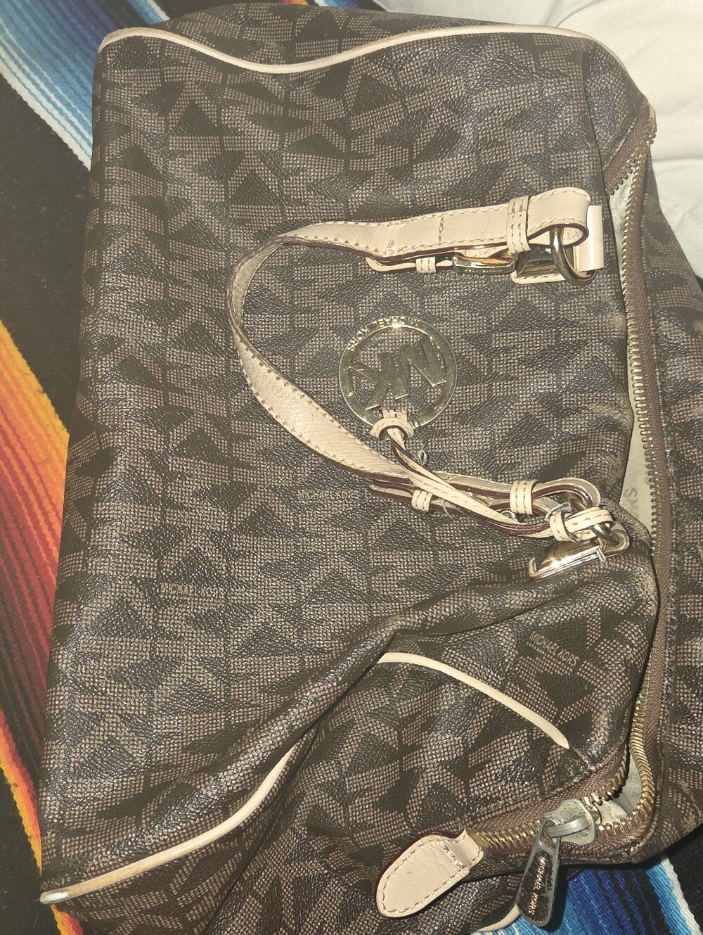 Michael Kors Dark Brown Signature Logo Shoulder Bag with Beige Trim